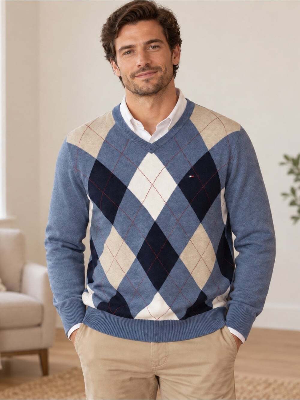 Tommy Hilfiger Men’s Blue Argyle Cotton V-Neck Sweater Preppy L